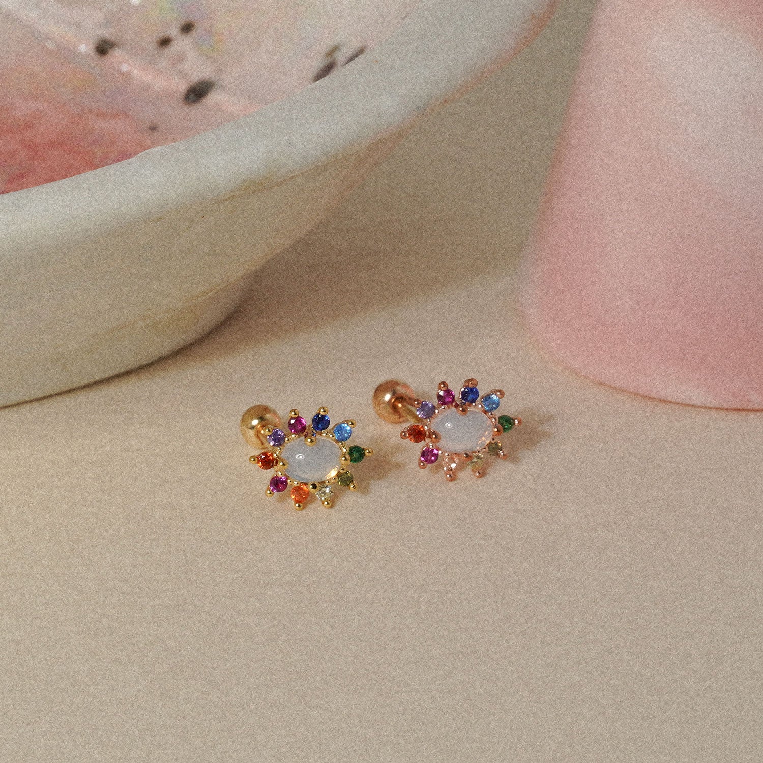 Radiant Sun Rainbow Gemstone Gold Vermeil Piercing Stud - Alina